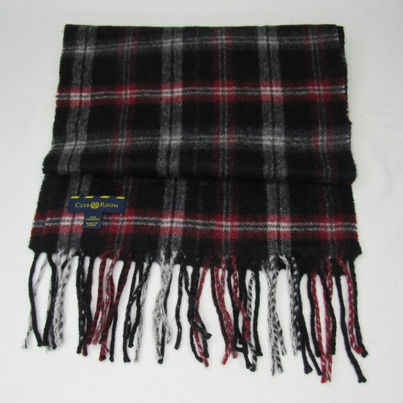 Club Room Black Red Check 100% Cashmere Scarf Fringe End - Picture 8 of 9
